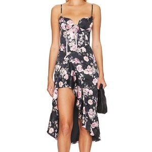 REVOLVE More to Come Solare Corset Black Floral Satin High-Low Slip Dress